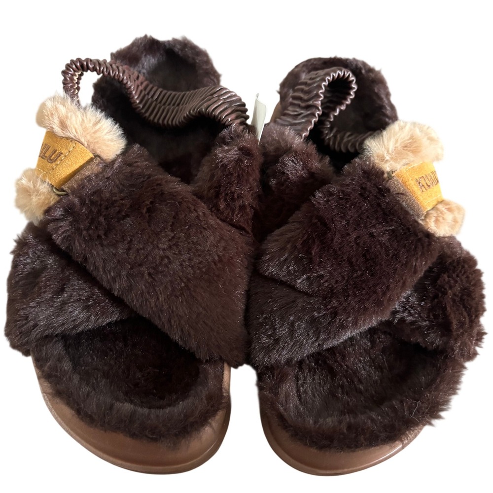 NEW KuaiLu Faux Fur Criss Cross Platform Sandals Sz 7‎ Brown Comfort Orthotic